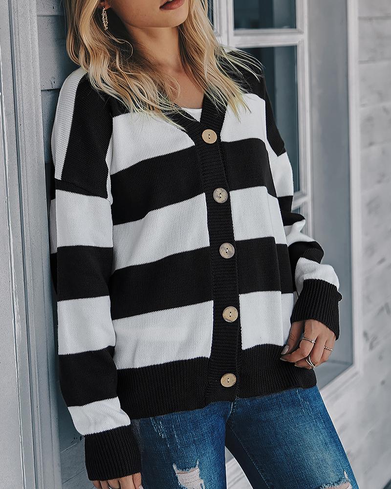 

Striped Colorblock Button Design Knit Cardigan, Black