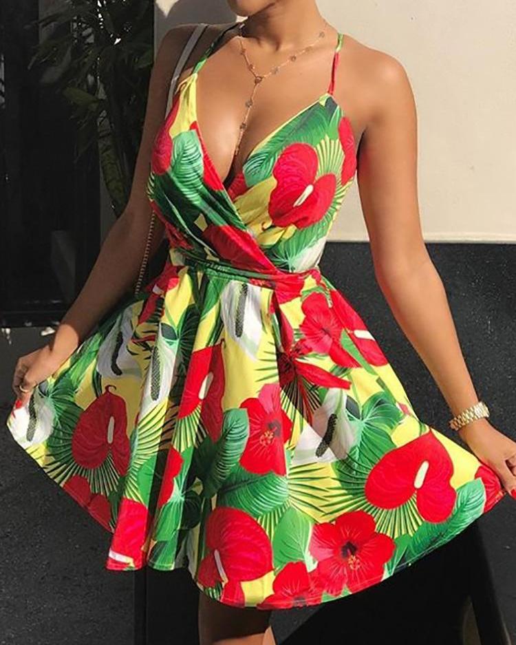 

Floral Spaghetti Strap Pleated Wrap Dress, Multicolor