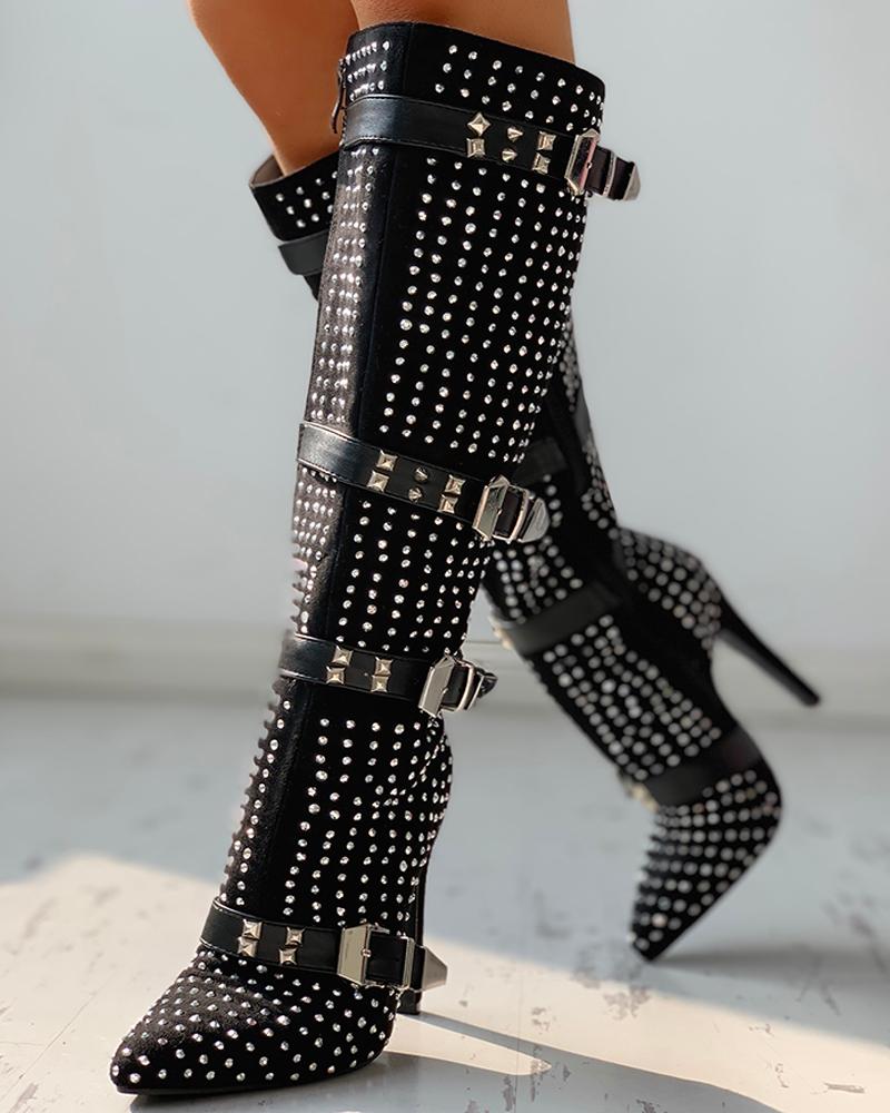 

Rivet Design Thin Heel Long Boots, Black