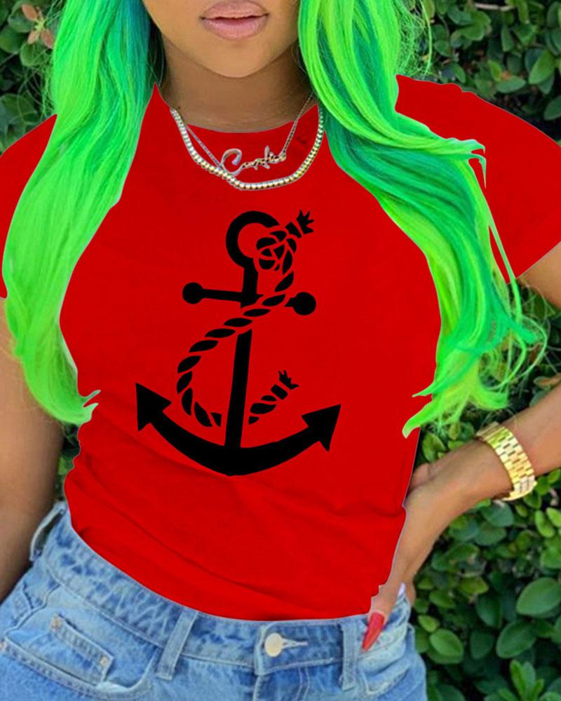 

Boat Anchor Rope Print Casual T-shirt, Red