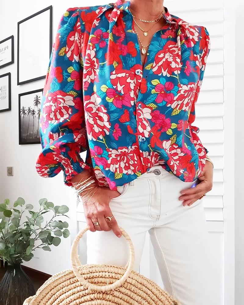 

Floral Print Lantern Sleeve Blouse, Blue