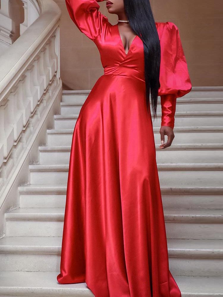 

Lantern Sleeve V-Neck Ruched Evening Dress, Red