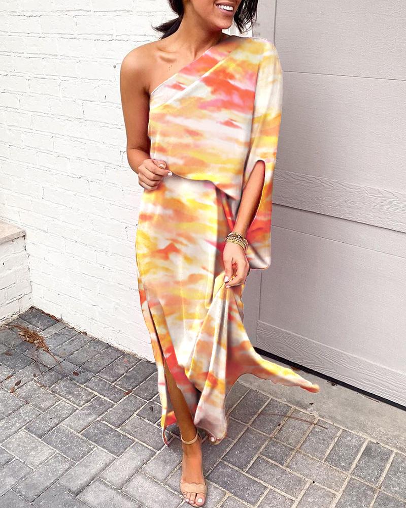 

Print One shoulder Slit Dress, Orange