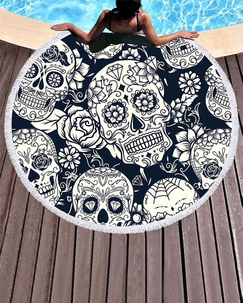 

Flower Skull Print Tassel Pool Beach Towel Blanket(150CM*150CM, Dark blue