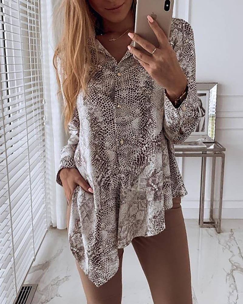 

Snakeskin Print Buttoned Irregular Shirt