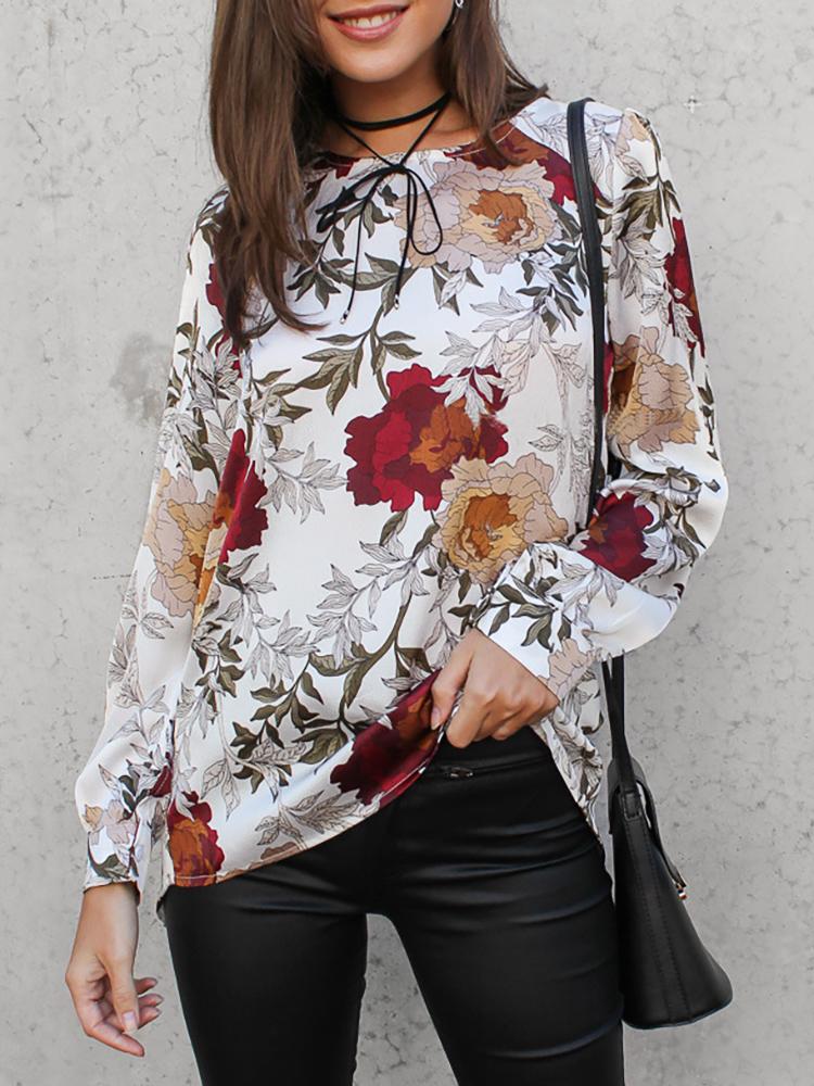 

Floral Print Zipper Back Irregular Blouse