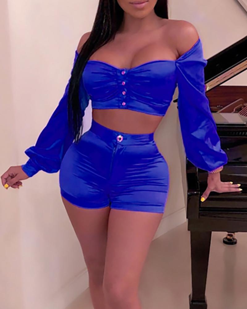 

Off Shoulder Buttoned Crop Top & Shorts Sets, Blue
