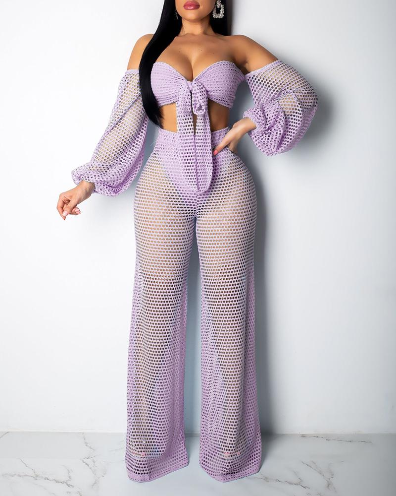 

Sheer Off Shoulder Fishnet Crop Top & Pant Sets, Light purple