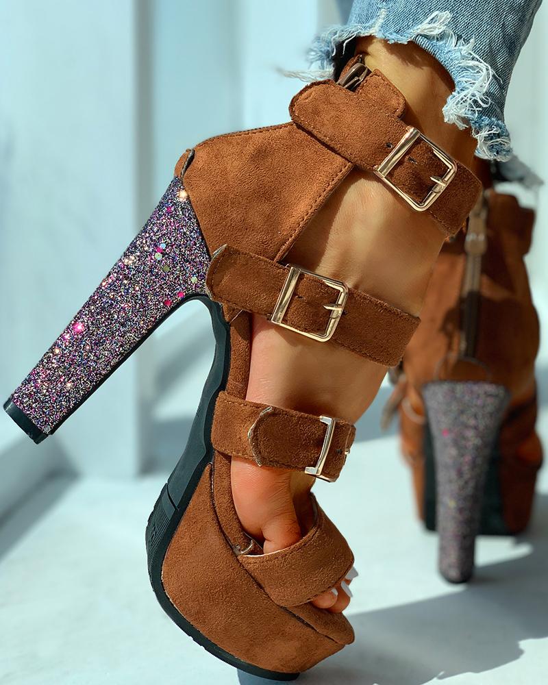 

Eyelet Buckled Open Toe Chunky Heeled Sandals, Brown