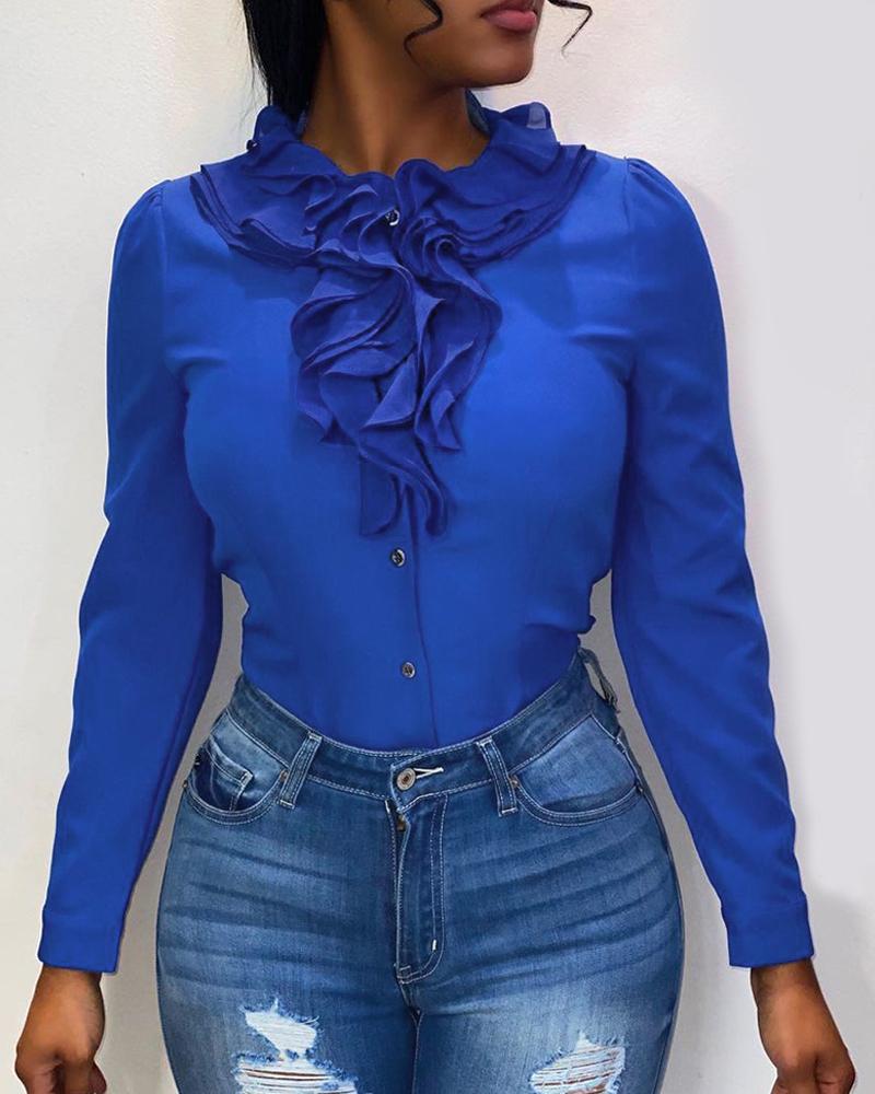

Plain Frill Hem Long Sleeve Blouse, Blue