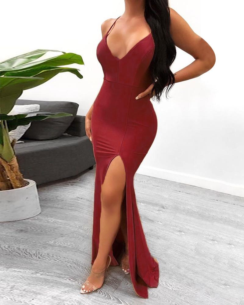 

Crisscross Backless Spaghetti Strape Evening Dress, Wine red