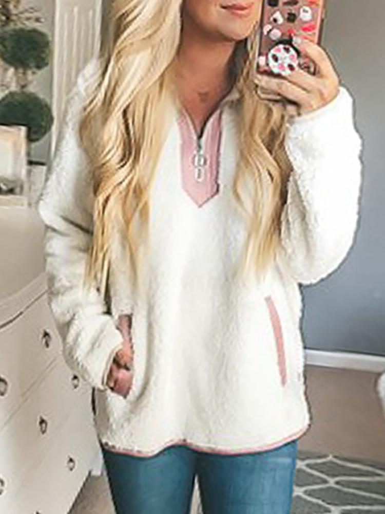 

Fluffy Zipper Design Pocket Sweatershirt, White