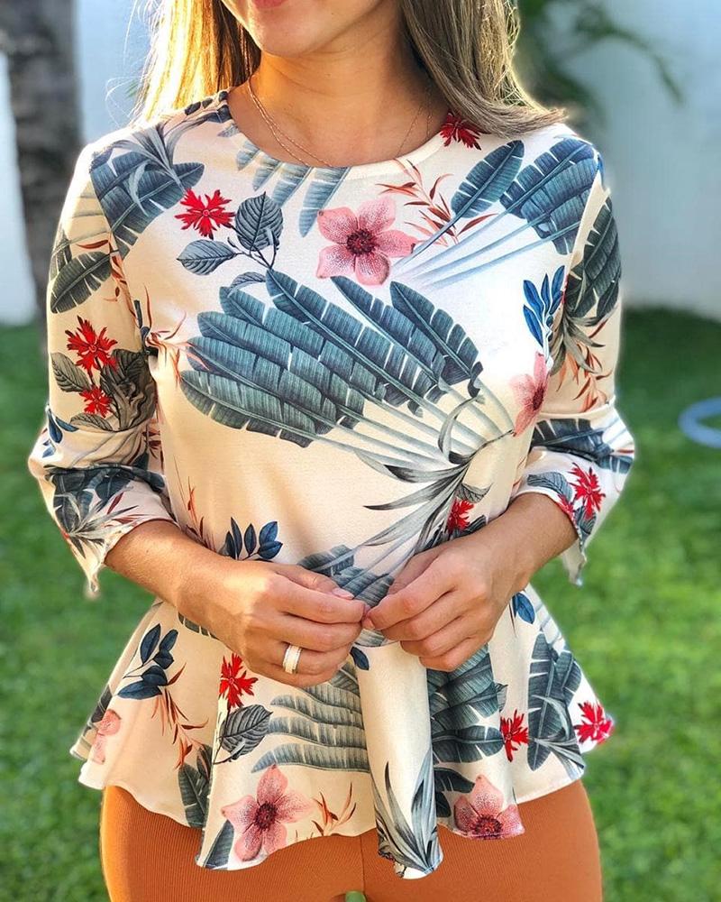 

Botanical Print Peplum Casual Blouse