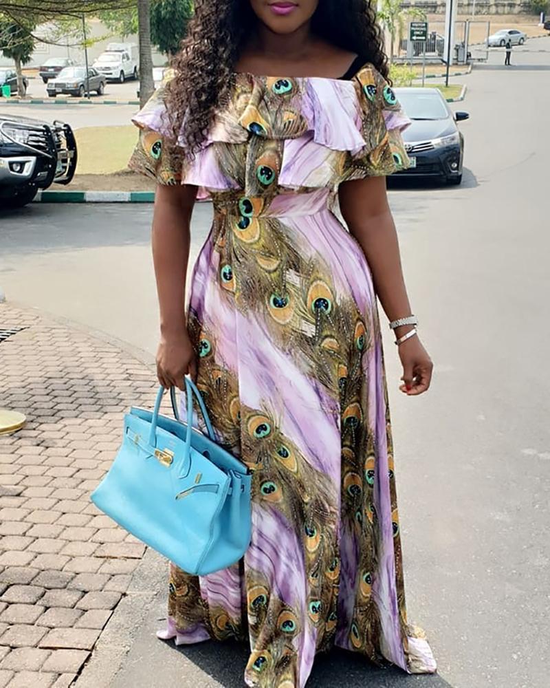 

Off Shoulder Floral Print Ruffles Maxi Dress