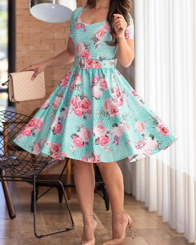 

Floral Print Self Belted Pleated Casual Dress