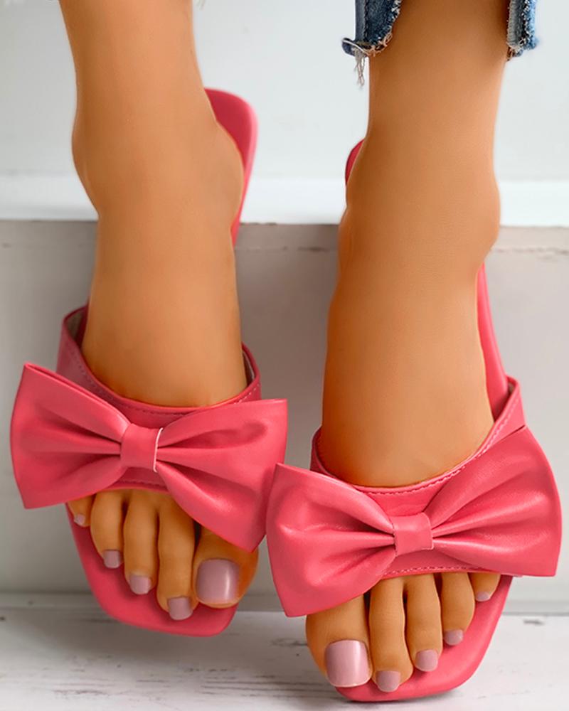 

Square Toe Bowknot Decor Heeled Sandals, Red