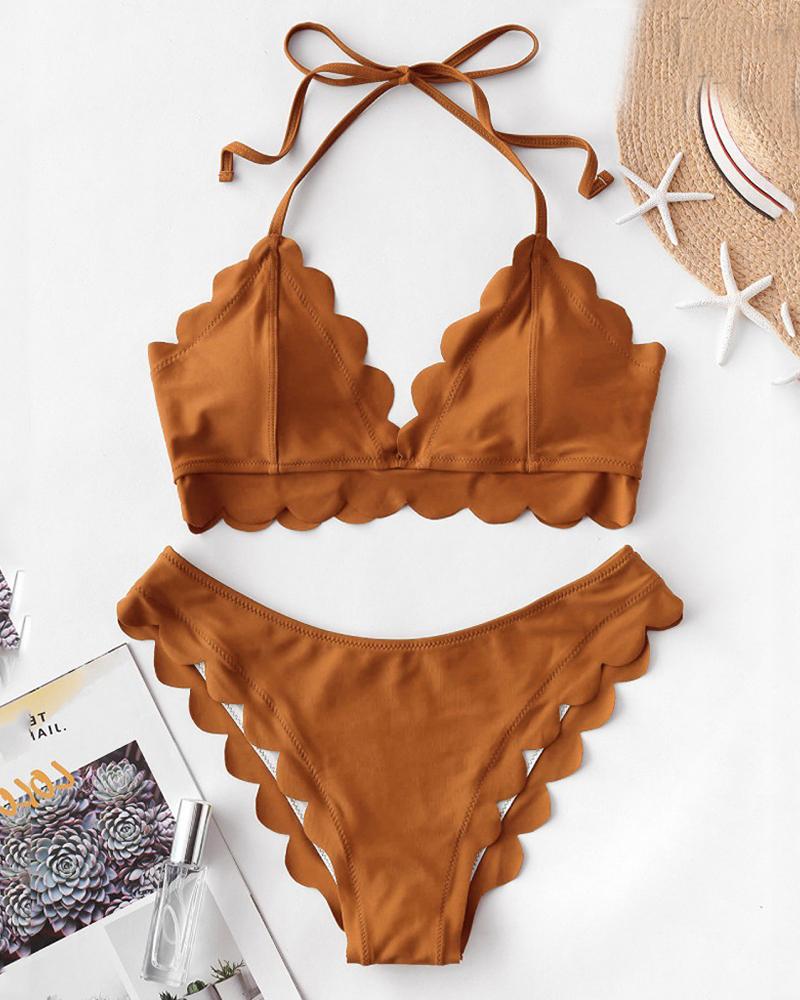 

Scallop Trim Halter Padded Bikini Set, Coffee