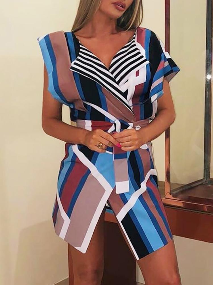 

Color Block Tie Waist Wrap Shirt Dress