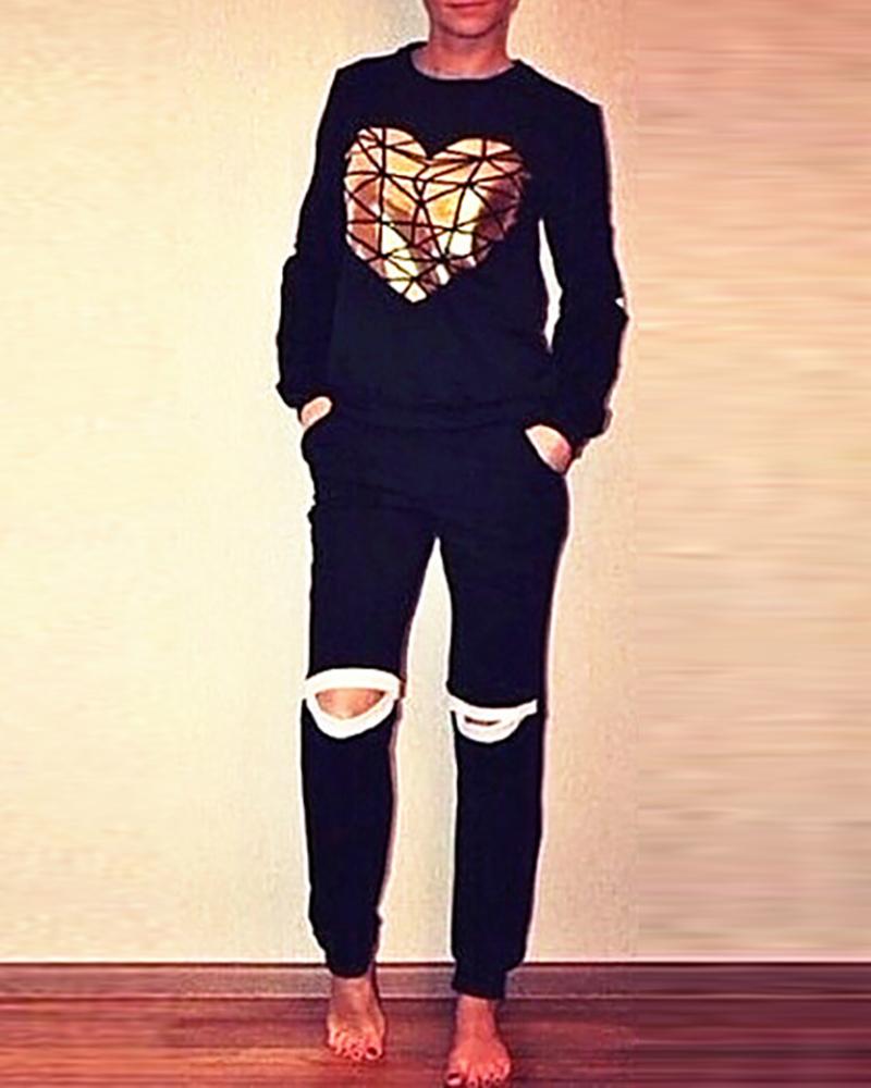 

Heart Pattern Colorblock Cut Out Top & Pants Set, Black
