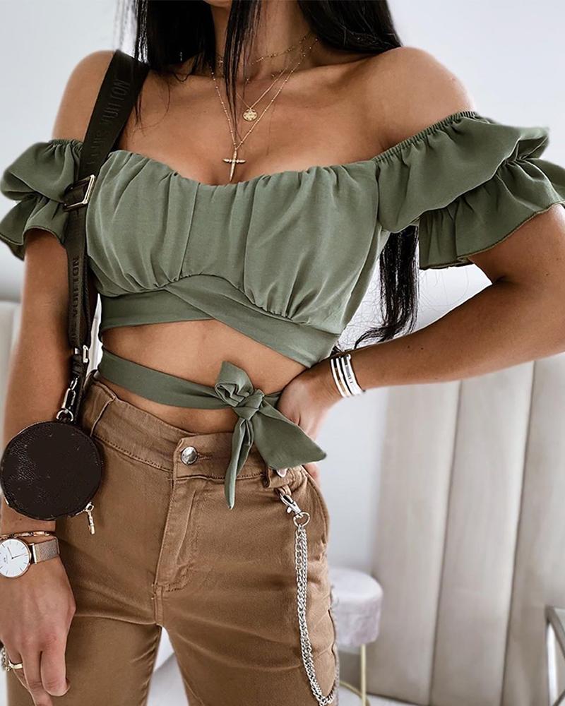 

Solid Off Shoulder Lace-up Top, Green