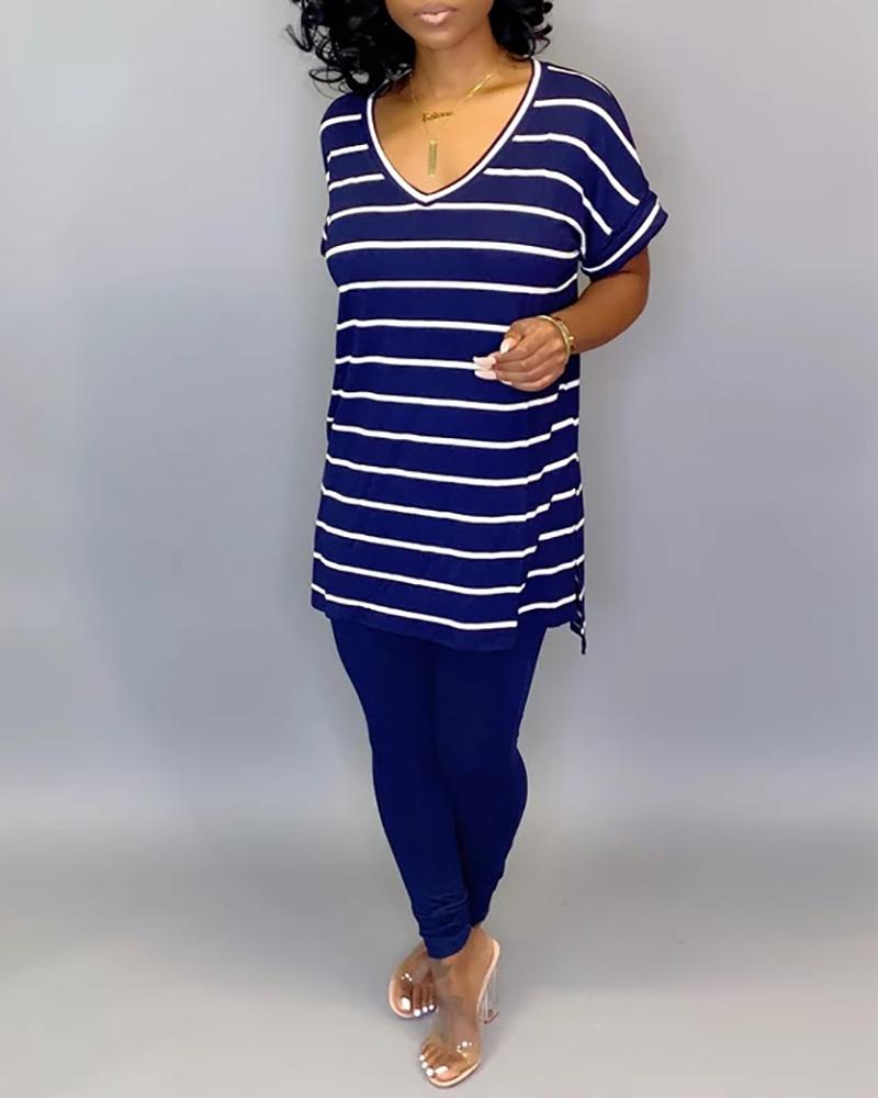 

V Neck Striped Side Slit T-shirt & Sporty Pants Sets, Blue