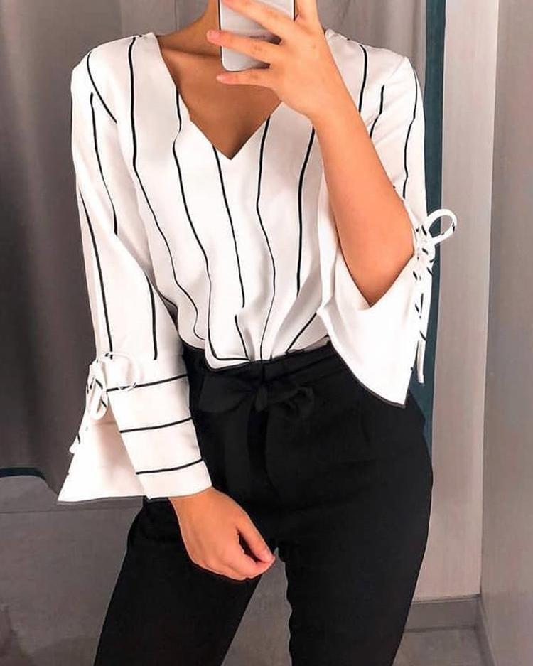 

Striped V-Neck Slit Sleeve Casual Top, White
