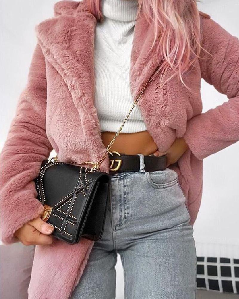 

Solid Faux Fur Open Front Coat, Pink