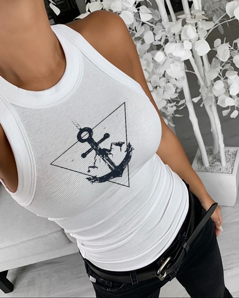 

Boat Anchor Print Sleeveless Casual Top, White