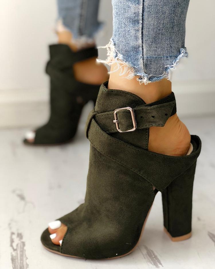 

Open Toe Slingback Chunky Heeled Pumps, Army green