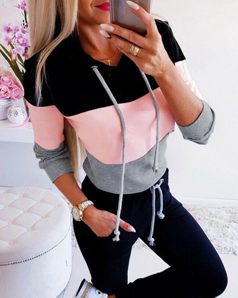 

Color Block Long Sleeve Hoodie, Black
