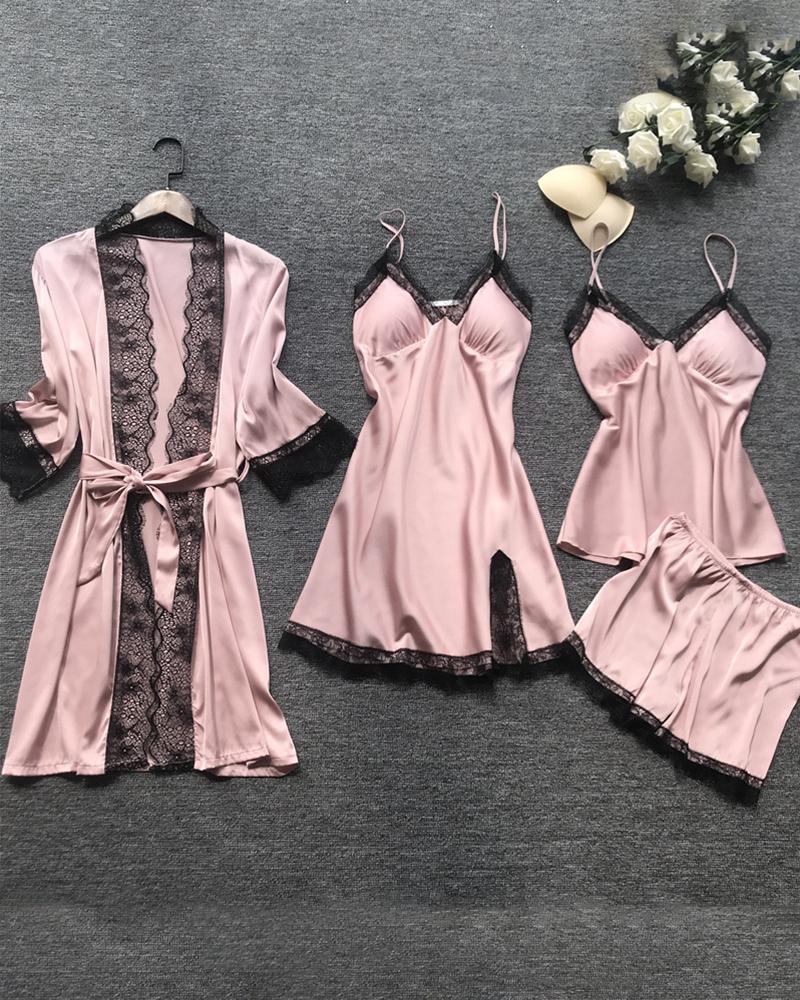 

V-neck Lace Trim Satin 4PCS Sleepwear Set, Pink