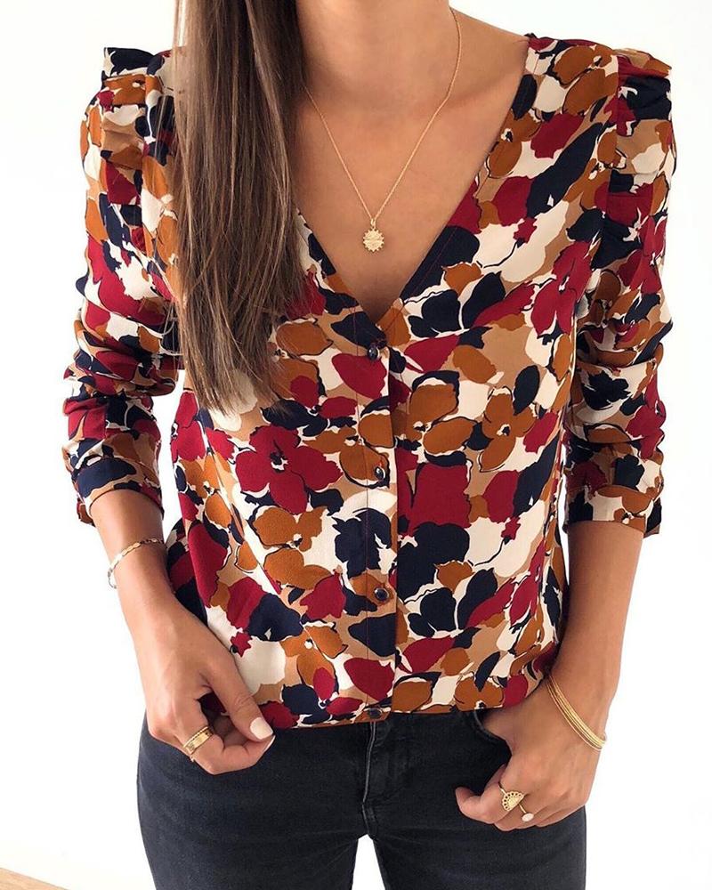 

V Neck Casual Floral Top, Red