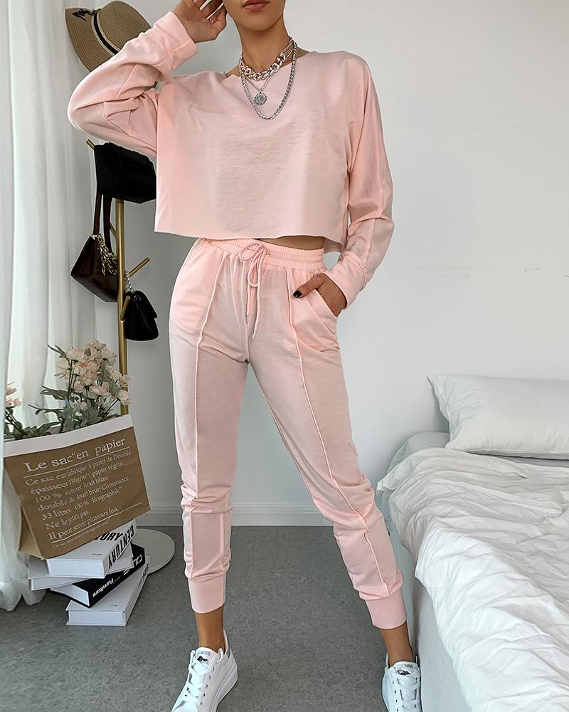 

Solid T-shirt Pants Two-piece Set, Pink