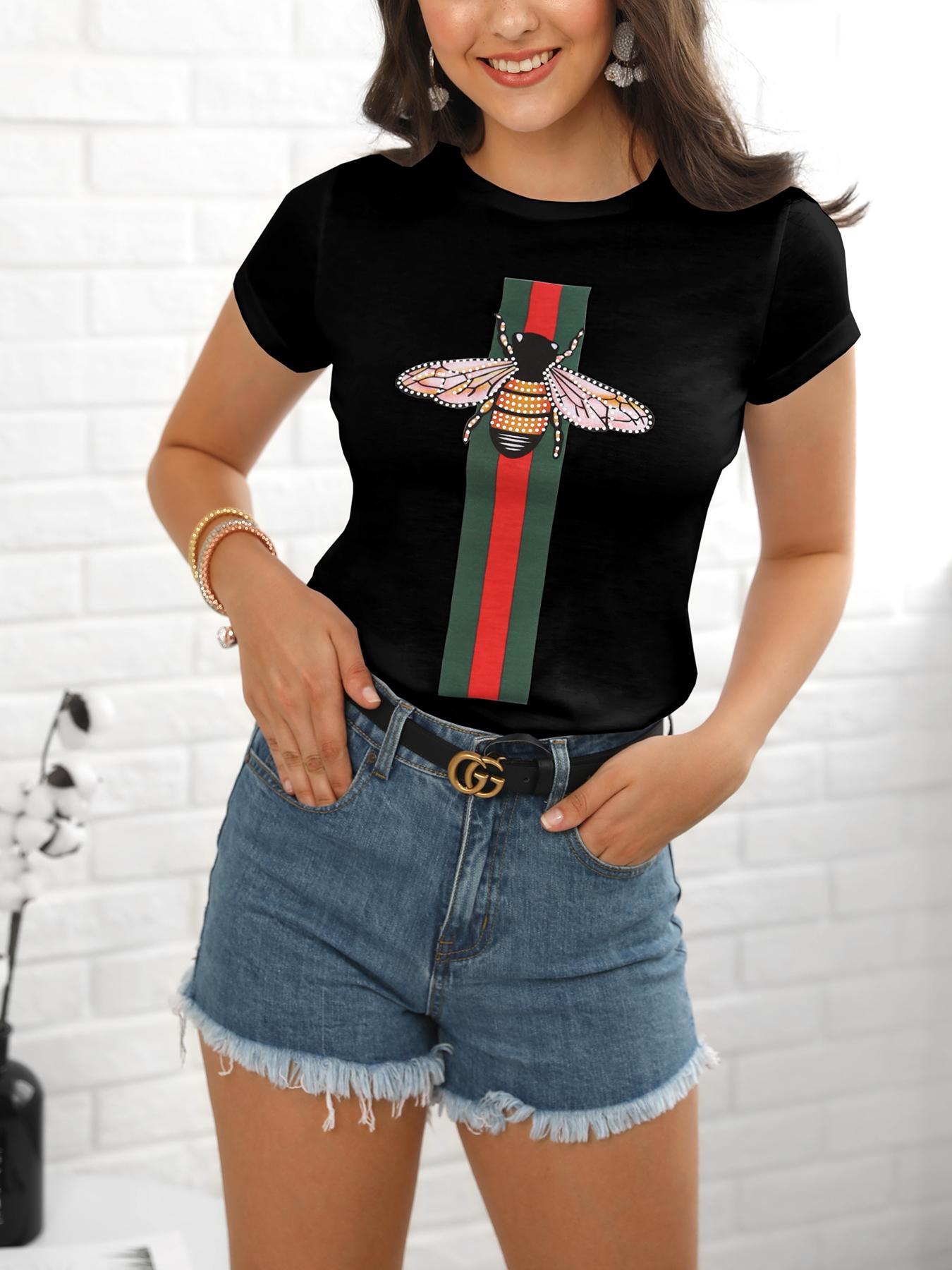 

Fashion Striped&Bee Print Casual T-shirt