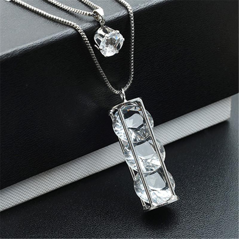 

Korean Female Diamond Crystal Pendant Matel Jewelery Personality Purely Chains String Long Section Necklace, Silver