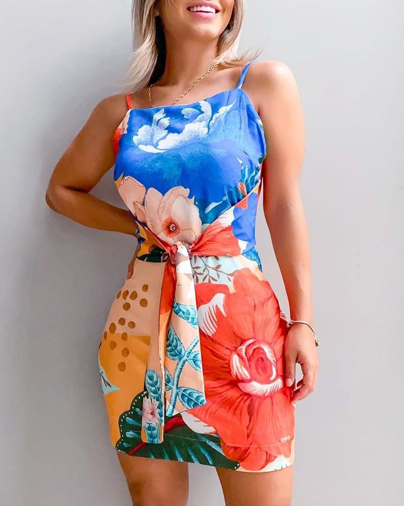 

Floral Print Colorblock Spaghetti Strap Bodycon Dress, Multicolor