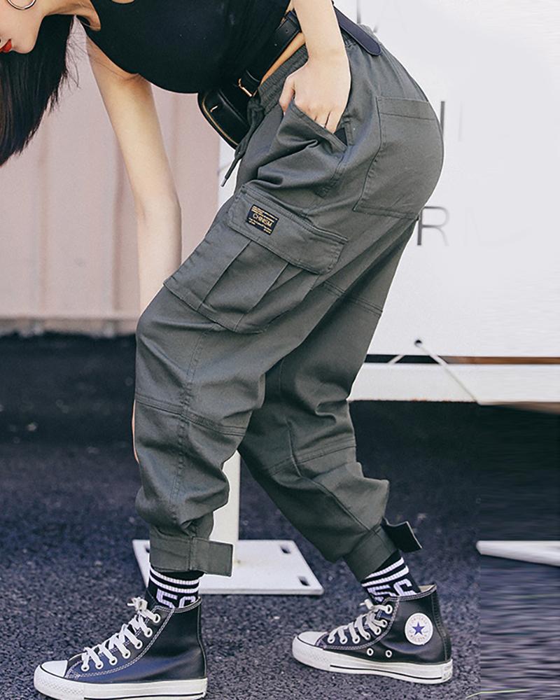 

Pockets Design Solid Drawstring Cargo Pants, Black