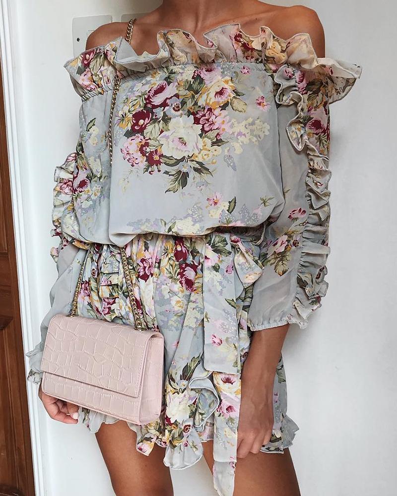 

Off Shoulder Floral Print Frill Design Dress