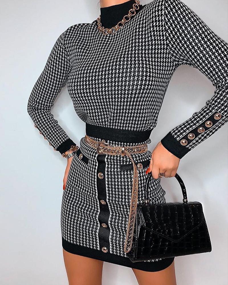

High Neck Houndstooth Print Dress, Black