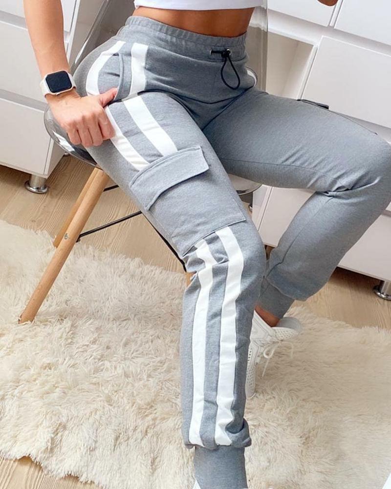 

Colorblock Pocket Design Drawstring Cargo Pants, Gray