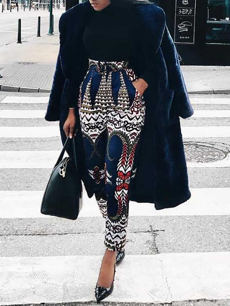 

Ethnic Print High Waist Casual Pants, Multicolor