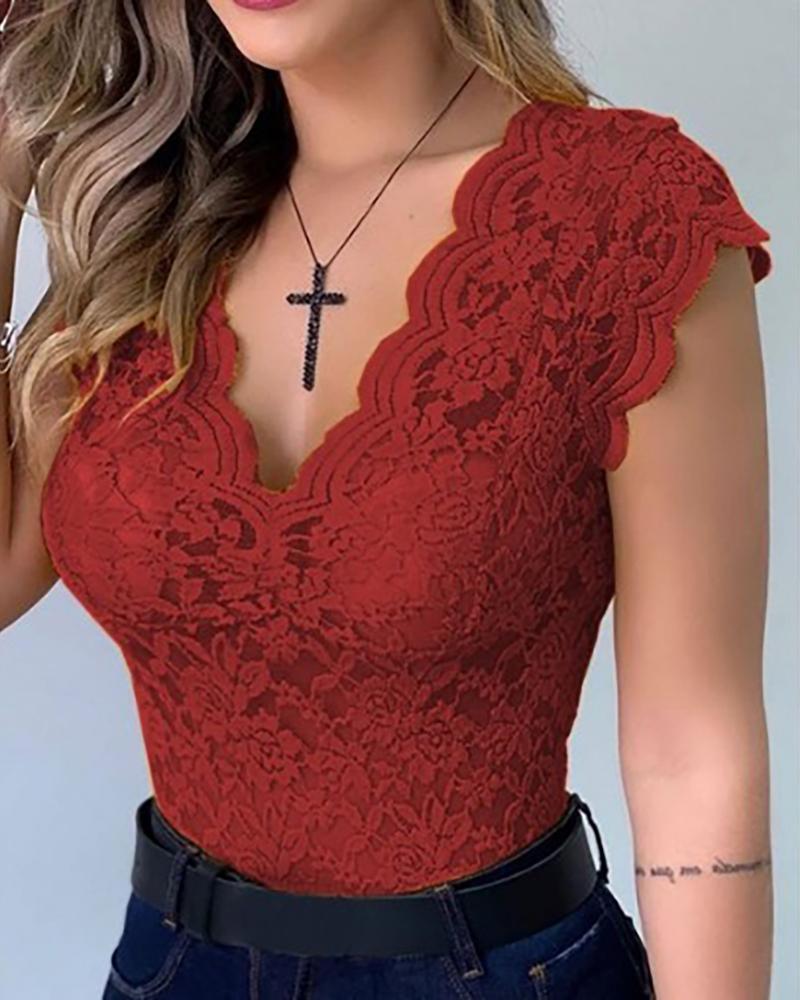 

Sheer Mesh Lace Sleeveless Bodysuit, Wine red