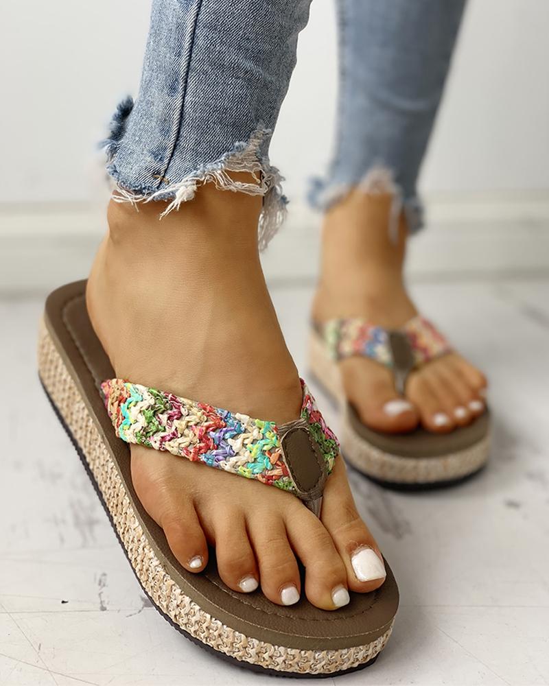 

Toe Post Flower Braided Platform Sandals, Apricot
