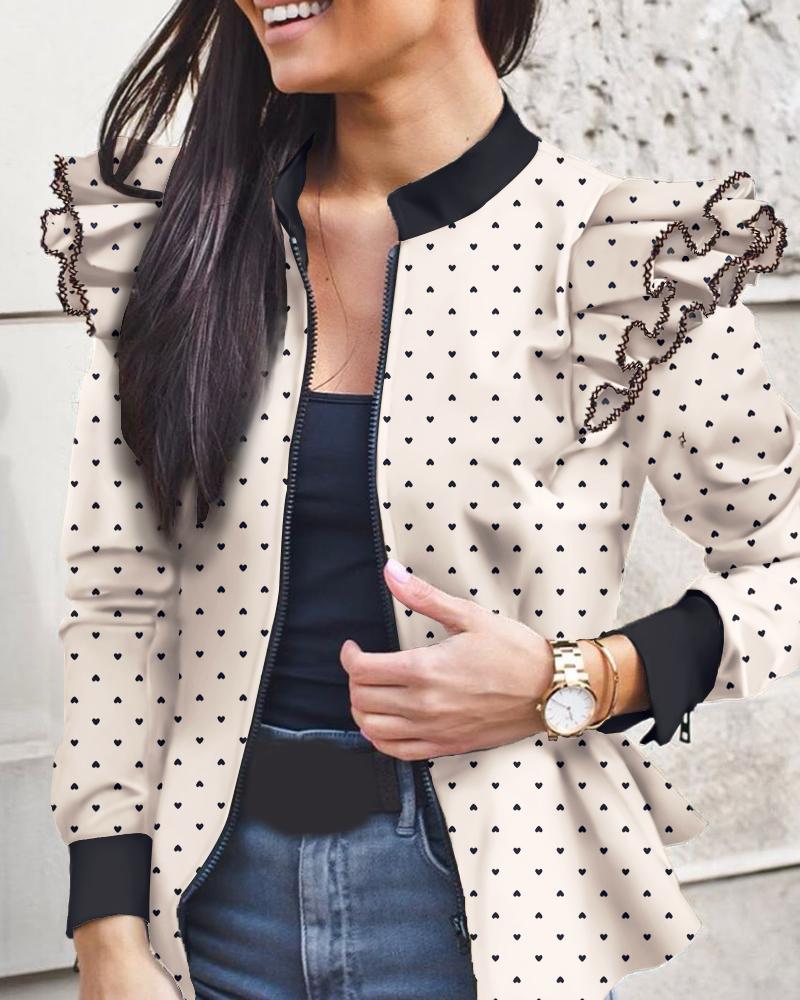 

Heart Print Colorblock Ruffles Long Sleeve Jacket, Apricot