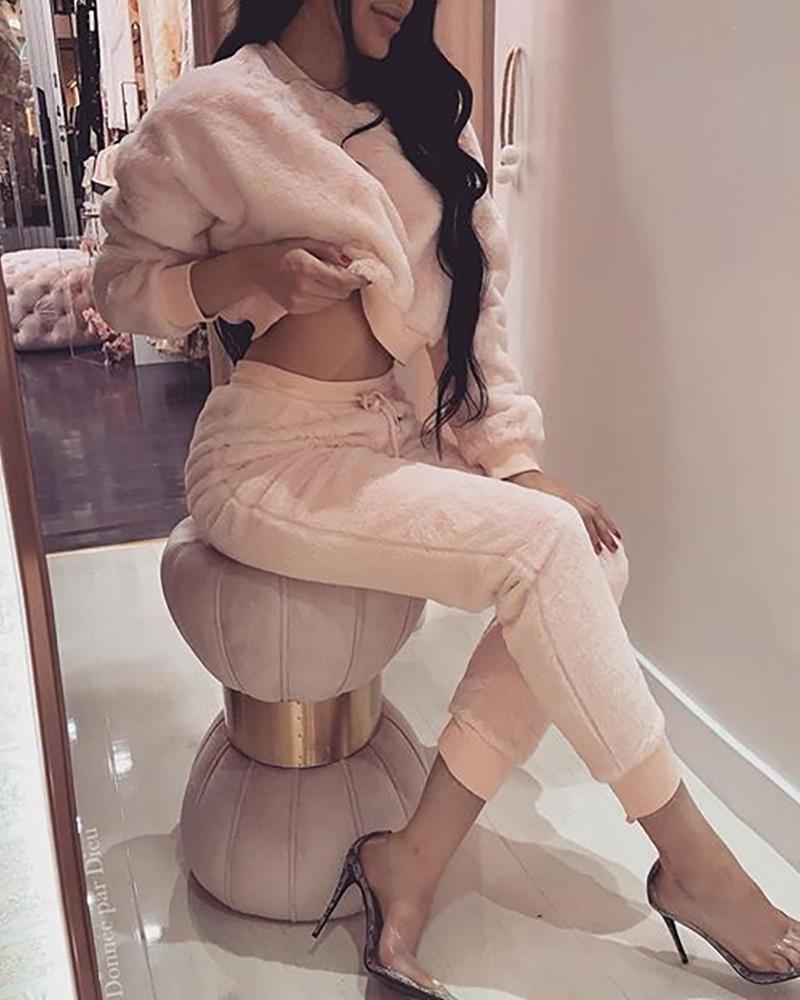 

Solid Round Neck Fluffy Top & Drawstring Pants Sets, Pink