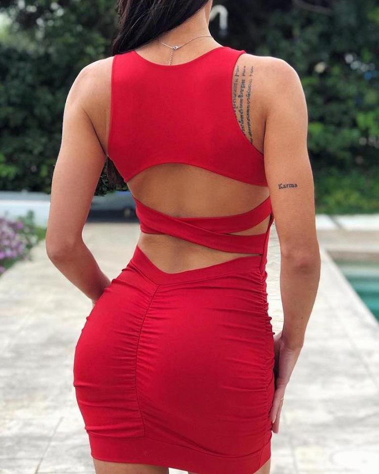 

Cutout Crisscross Bandage Back Bodycon Dress, Red