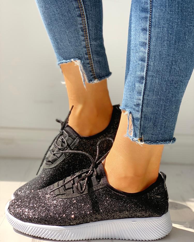 

Sequins Embellished Lace-Up Casual Sneakers