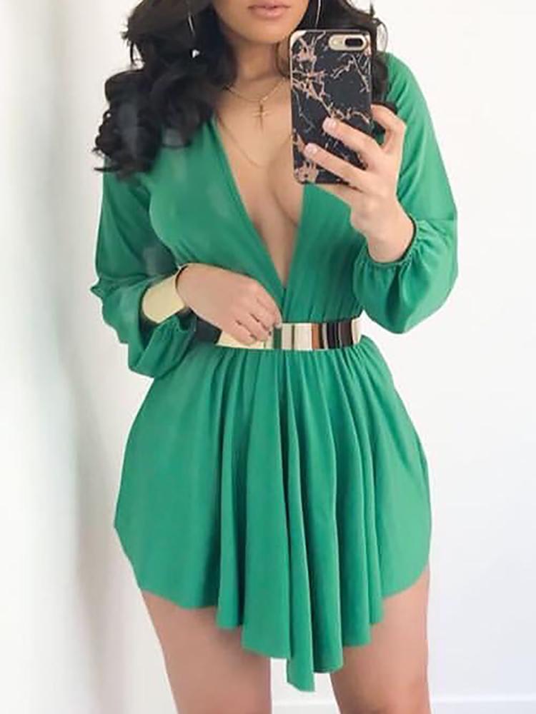 

Asymmetrical Pleated Drawstring Waist Plunge Dress, Green