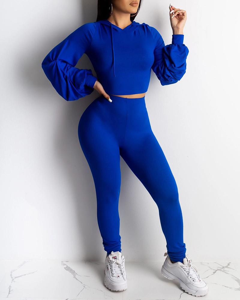 

Hooded Drawstring Long Sleeve Crop Sweatshirt & Pants Sets, Blue