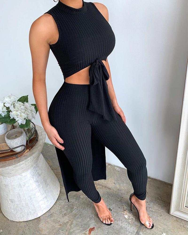 

Rib Crop Top Two-Piece Set, Black